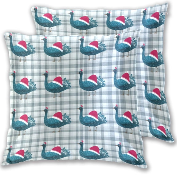 Plaids Cartoon Peacocks with Christmas Hats Throw Pillow Covers Pillowcases 18 x 18 Inch Home Decor 2 Packs for Bedroom Sofa