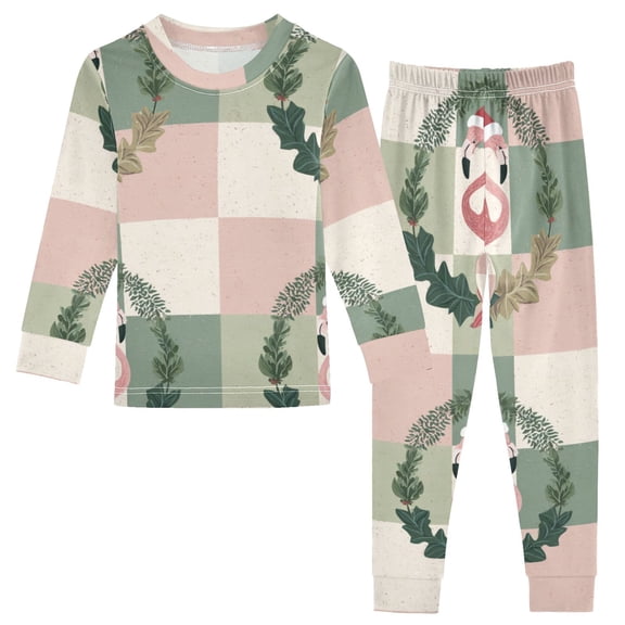 Plaids Flamingo in Christmas Wreath Cotton Pajama Set Long Sleeve Top and Pants Sleepwear Unisex 6Y
