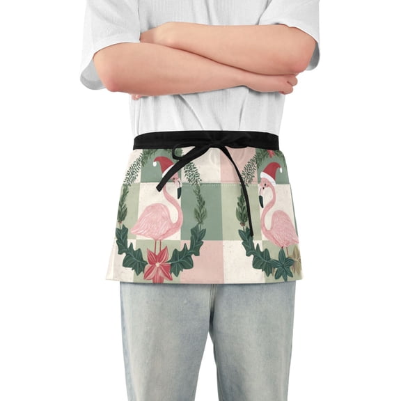 Plaids Flamingo in Christmas Wreath Short Server Apron with 3 Pockets for Unisex Chef Gardening