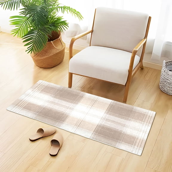 Plaids in Brown and Beige Plush Carpet Non Slip Runner Rug Absorbent Bath Mat 39" x 20"
