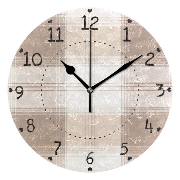 Plaids in Brown and Beige Round Wall Clock Silent Analog Battery Operated Black Pointer Home Decor 9.84" Diameter