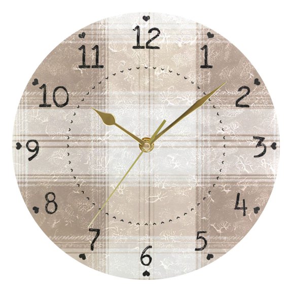 Plaids in Brown and Beige Round Wall Clock Silent Analog Battery Operated Gold Pointer Home Decor 9.84" Diameter