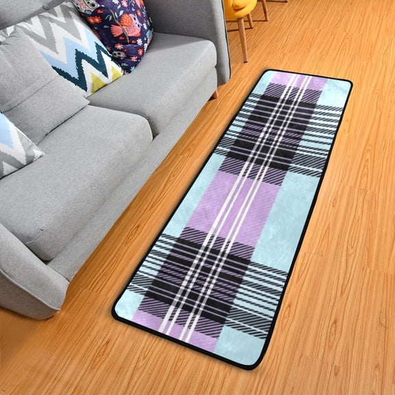 Plaids in Purple Black Green Long Floor Mat Runner Rug Area Mat Noise Reduction Water Absorbent Non-Slip 72" x 24"