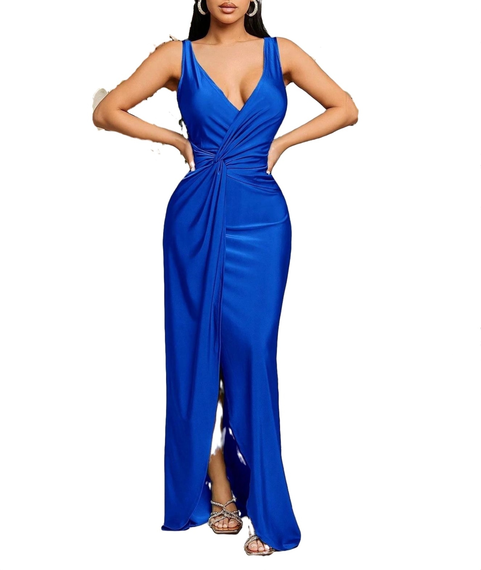 Plain A Line Dress Deep V Neck Royal Blue Women Dresses