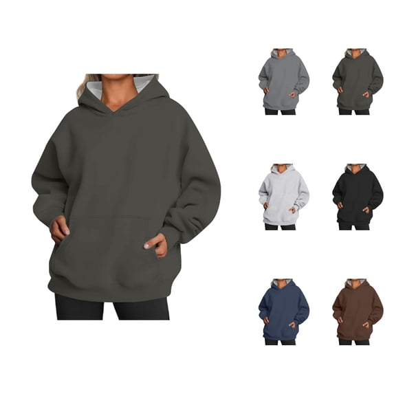 Plain Basic Oversized Pullover Hoodies for Women Fall Winter Long Sleeve Casual Loose Hooded Sweatshirt with Pockets