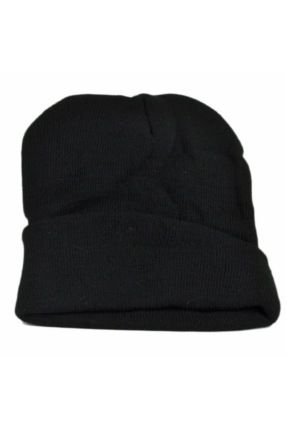 Plain Blank Solid Cuffed Black Knit Beanie Toque Hat Winter Thick Skully Cold