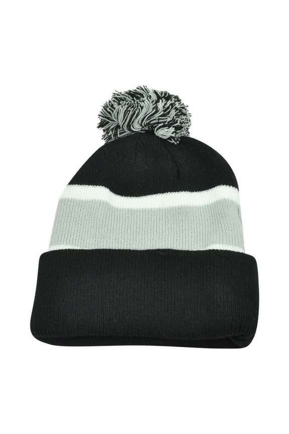 Plain Blank Striped Cuffed Black Grey Thick Hat Beanie Pom Pom Knit Skully Toque