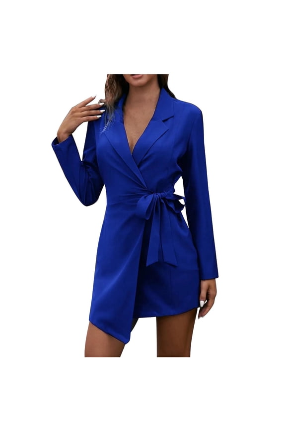 Plain Blazer Dress for Women Asymmetric Belted Wrap Blazers Notched Suit Coats and Jackets Long Sleeve Work Office Wedding Guests Formal Candy Color Suit Dress Ladies