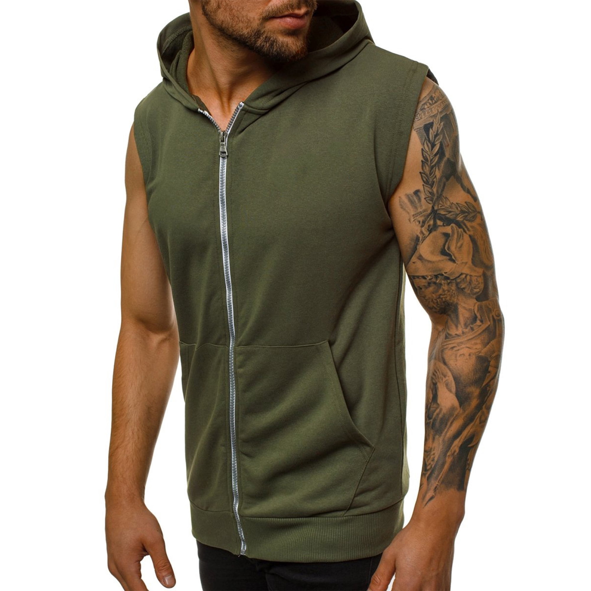 Plain Bodybuilding Sleeveless Hoodie for Men Casual Athletic Fit Zip Up  Hooded Vests Training Tank Top with Pockets - Walmart.com