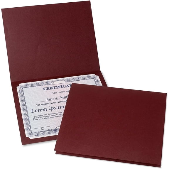 Plain Burgundy Certificate Folders - Pack of 25, Linen Cover 80 lb. Stock, Folded, -Cut Corners, for Office, Business Awards, Graduation, School Diploma Holder, 9-1/2"" x 12""