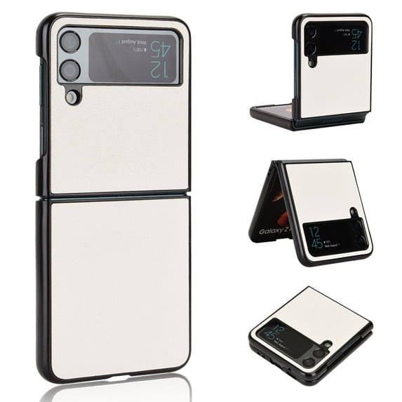 Plain Case for Samsung Galaxy Z Flip 3, Premium Lychee Patterned PU Leather + Hard PC Shell Ultra Thin Slim Durable Protective Phone Cover for Samsung Galaxy Z Flip 3,White