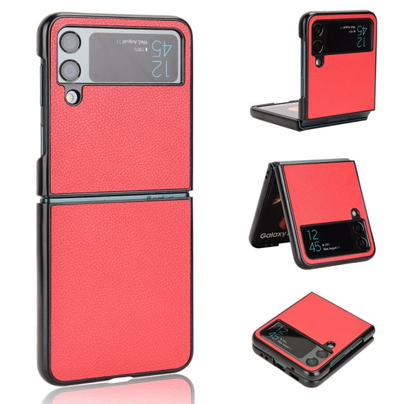 Plain Case for Samsung Galaxy Z Flip 3, Premium Lychee Patterned PU Leather + Hard PC Shell Ultra Thin Slim Durable Protective Phone Cover for Samsung Galaxy Z Flip 3,Red
