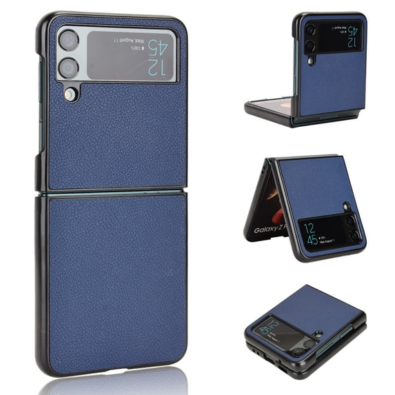 Plain Case for Samsung Galaxy Z Flip 3, Premium Lychee Patterned PU Leather + Hard PC Shell Ultra Thin Slim Durable Protective Phone Cover for Samsung Galaxy Z Flip 3,Darkblue