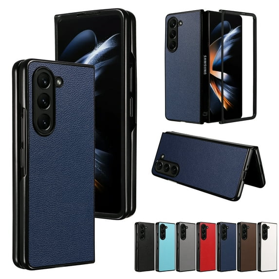 Plain Case for Samsung Galaxy Z Fold 5, Premium Lychee Patterned PU Leather + Hard PC Shell Ultra Thin Slim Durable Protective Phone Cover for Samsung Galaxy Z Fold 5,Darkblue