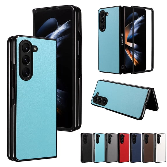Plain Case for Samsung Galaxy Z Fold 5, Premium Lychee Patterned PU Leather + Hard PC Shell Ultra Thin Slim Durable Protective Phone Cover for Samsung Galaxy Z Fold 5,Skyblue