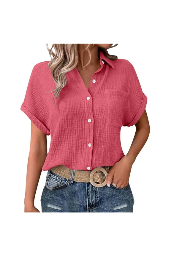 Plain Classic Shirts for Womens Short Sleeve Collared Shirts Open Front Button-Up Lapel Blouses Elegant Bussiness Tees Tops Office Work Tops