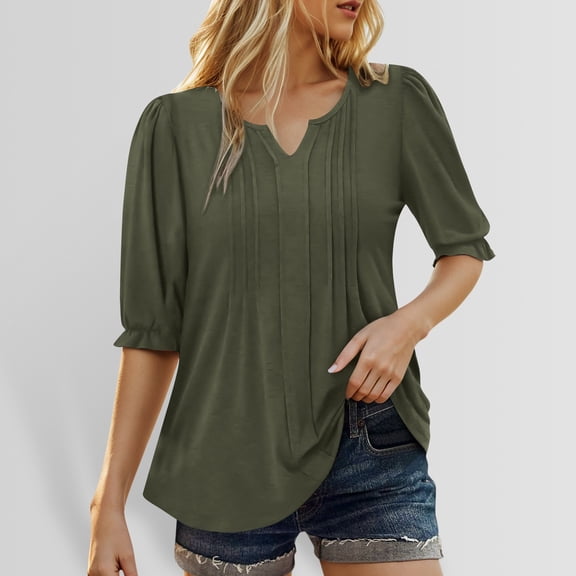 A Plain Colored Casual Top With Puffed Sleeves And A V Neck Five Quarter Sleeve T Shirt For Ladies Oversize Corduroy Loose Button Shirt Tops Leggings Women V Neck Long Sleeve Deep V Long Sleeve Top