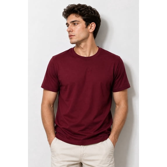 Plain Crew Neck Short Sleeve T-Shirt for Everyday Wear, Soft Casual Tee, Maroon, Large