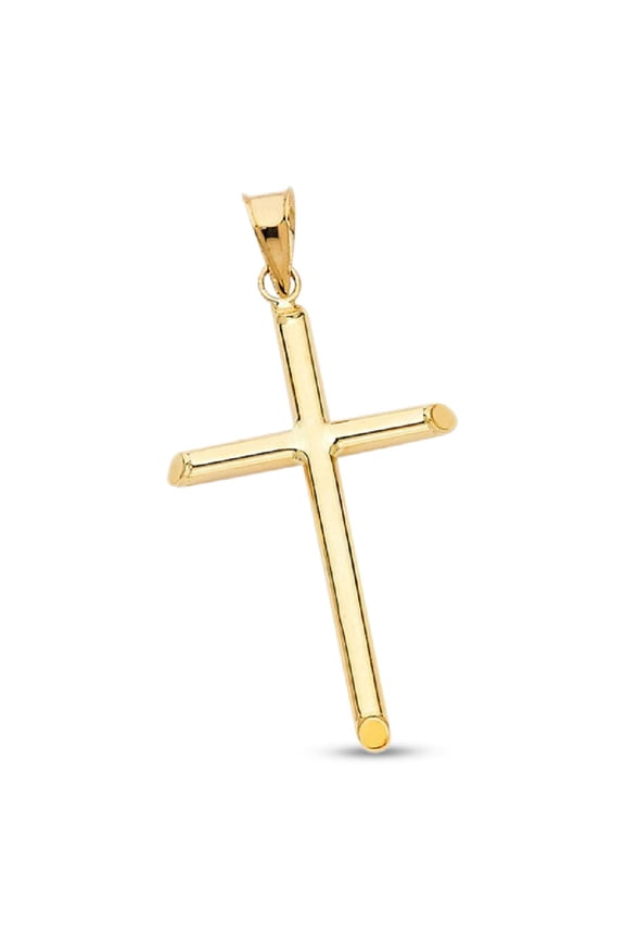 Plain Cross Charm 14k Yellow Gold Cross Tube Pendant Religious Christian Jewelry 33mm x 20mm
