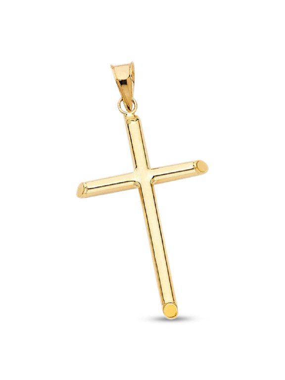 Plain Cross Charm 14k Yellow Gold Tube Pendant Religious Christian Jewelry Solid Genuine 33mm x 20mm