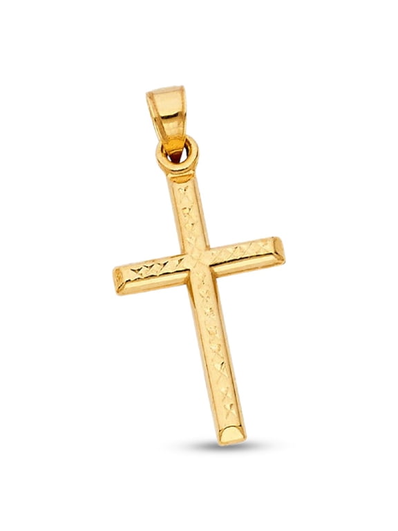 Plain Cross Charm Solid 14k Yellow Gold Pendant Diamond Cut Religious Style Genuine 25 x 16 mm