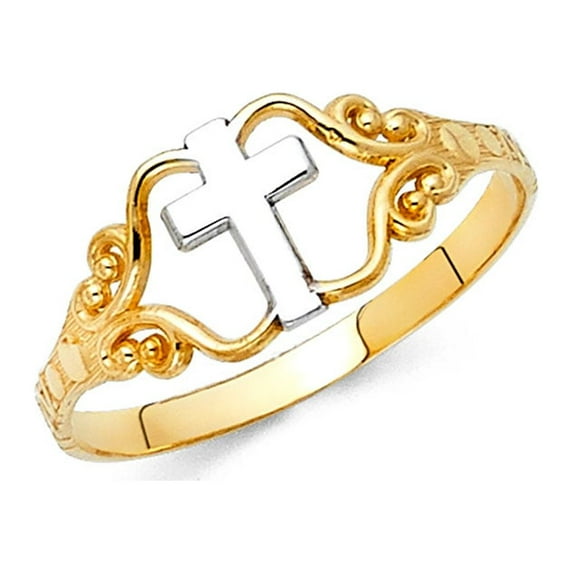 Plain Cross Ring 14k Yellow & White Gold Religious Charm Band Diamond Cut Polished Two Tone 8MM, Size 6