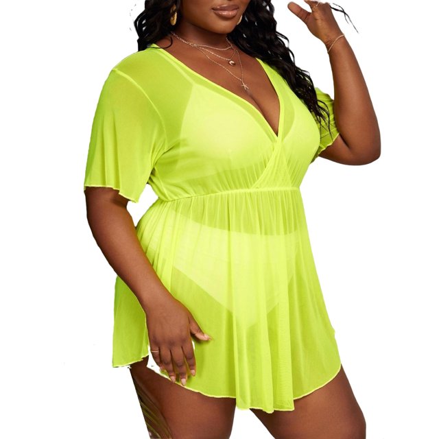 Plain Deep V Neck Short Sleeve Lime Green Plus Size Cover Ups (Women's