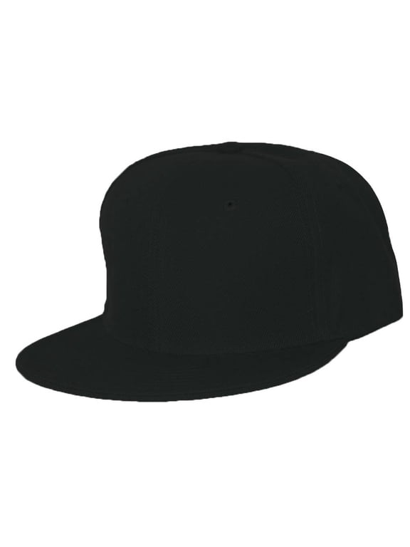 Plain Fitted Flat Bill Hat - Black, 7 1/8