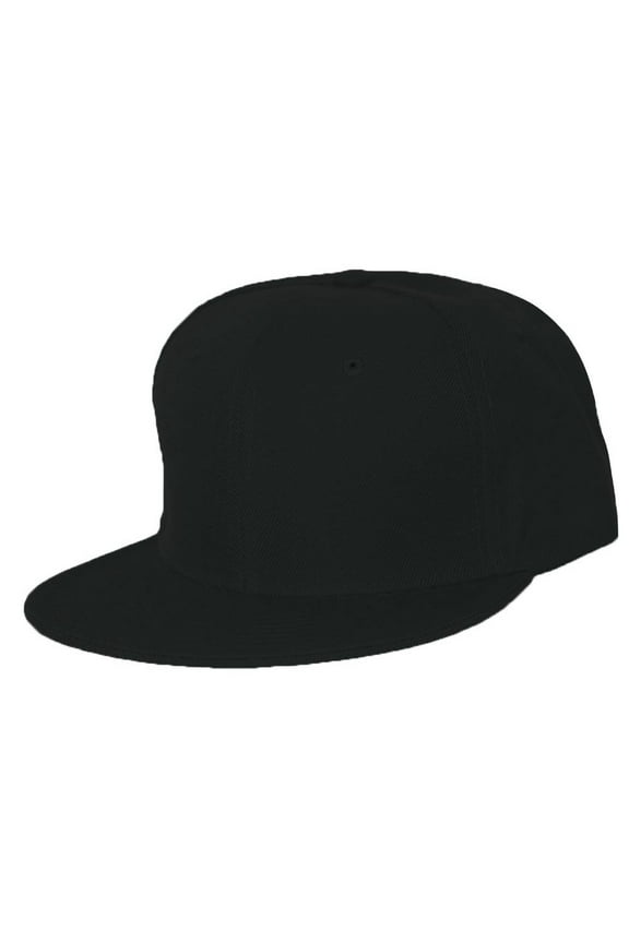 Plain Fitted Flat Bill Hat - Black, 7 5/8