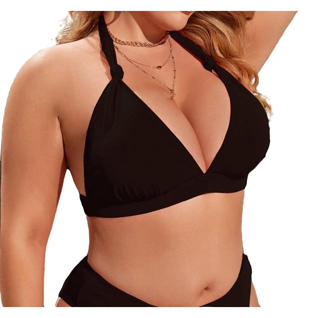 Plain Halter Black Plus Size Bikini Tops (Women's Plus)