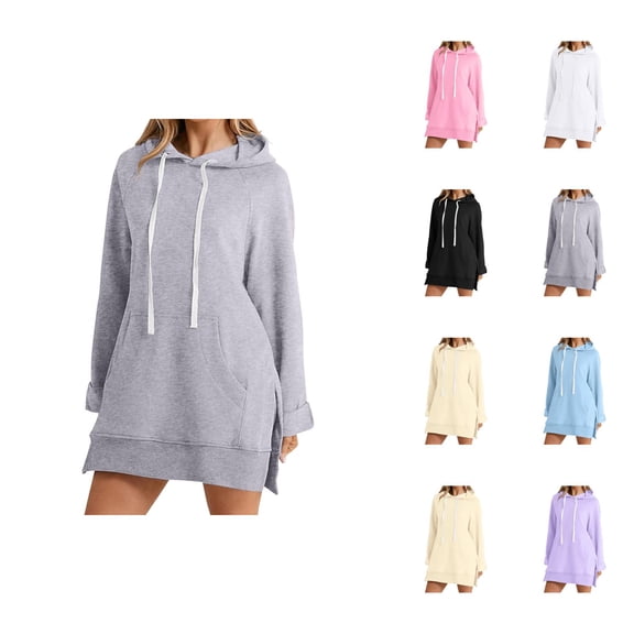 Plain Hoodie Dress for Women 2025 Fall Winter Long Sleeve Side Slit Hooded Sweatshirt with Pockets Pullover Tops