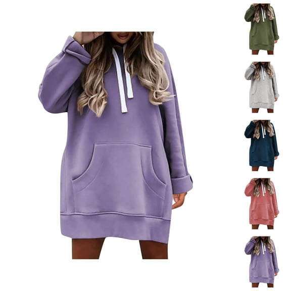 Plain Hoodie Dress for Women 2025 Fall Winter Long Sleeve Side Slit Hooded Sweatshirt with Pockets Pullover Tops