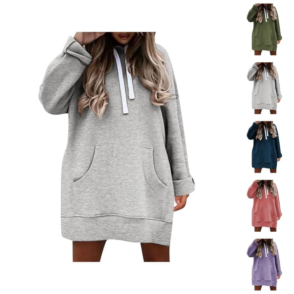 Plain Hoodie Dress for Women 2025 Fall Winter Long Sleeve Side Slit Hooded Sweatshirt with Pockets Pullover Tops