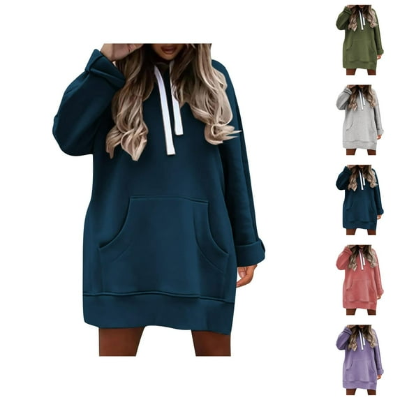 Plain Hoodie Dress for Women 2025 Fall Winter Long Sleeve Side Slit Hooded Sweatshirt with Pockets Pullover Tops