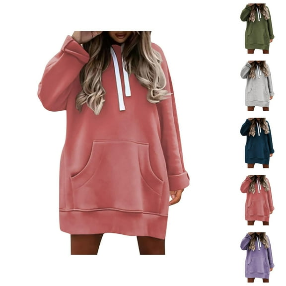 Plain Hoodie Dress for Women 2025 Fall Winter Long Sleeve Side Slit Hooded Sweatshirt with Pockets Pullover Tops