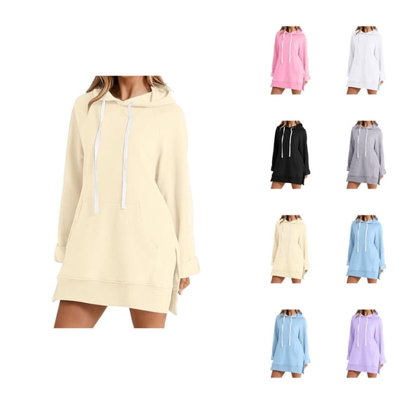 Plain Hoodie Dress for Women 2025 Fall Winter Long Sleeve Side Slit Hooded Sweatshirt with Pockets Pullover Tops