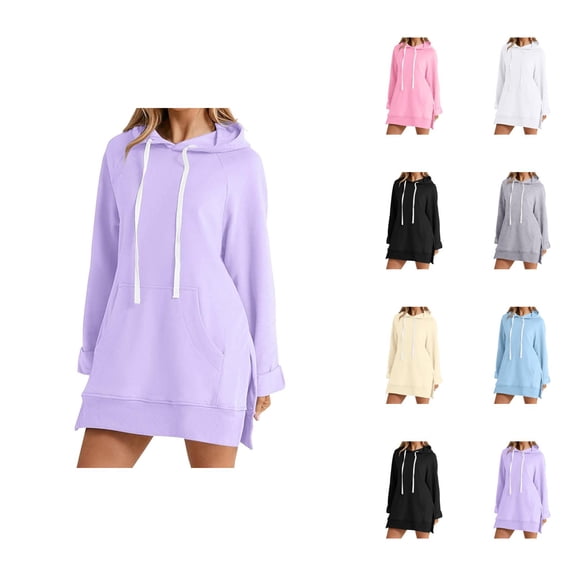 Plain Hoodie Dress for Women 2025 Fall Winter Long Sleeve Side Slit Hooded Sweatshirt with Pockets Pullover Tops
