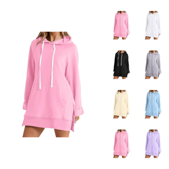 Plain Hoodie Dress for Women 2025 Fall Winter Long Sleeve Side Slit Hooded Sweatshirt with Pockets Pullover Tops