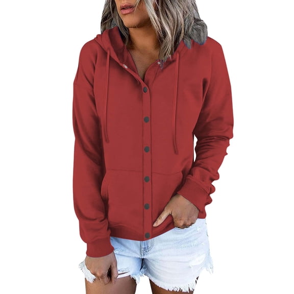 Plain Hoodie for Women Fall Outwear Button Up Cotton Sweatshirt Jacket Drawstring Pockets Loose Casual Top Coat (Large, Red)