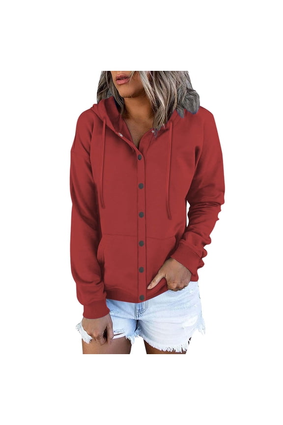 Plain Hoodie for Women Fall Outwear Button Up Cotton Sweatshirt Jacket Drawstring Pockets Loose Casual Top Coat (XX-Large, Red)