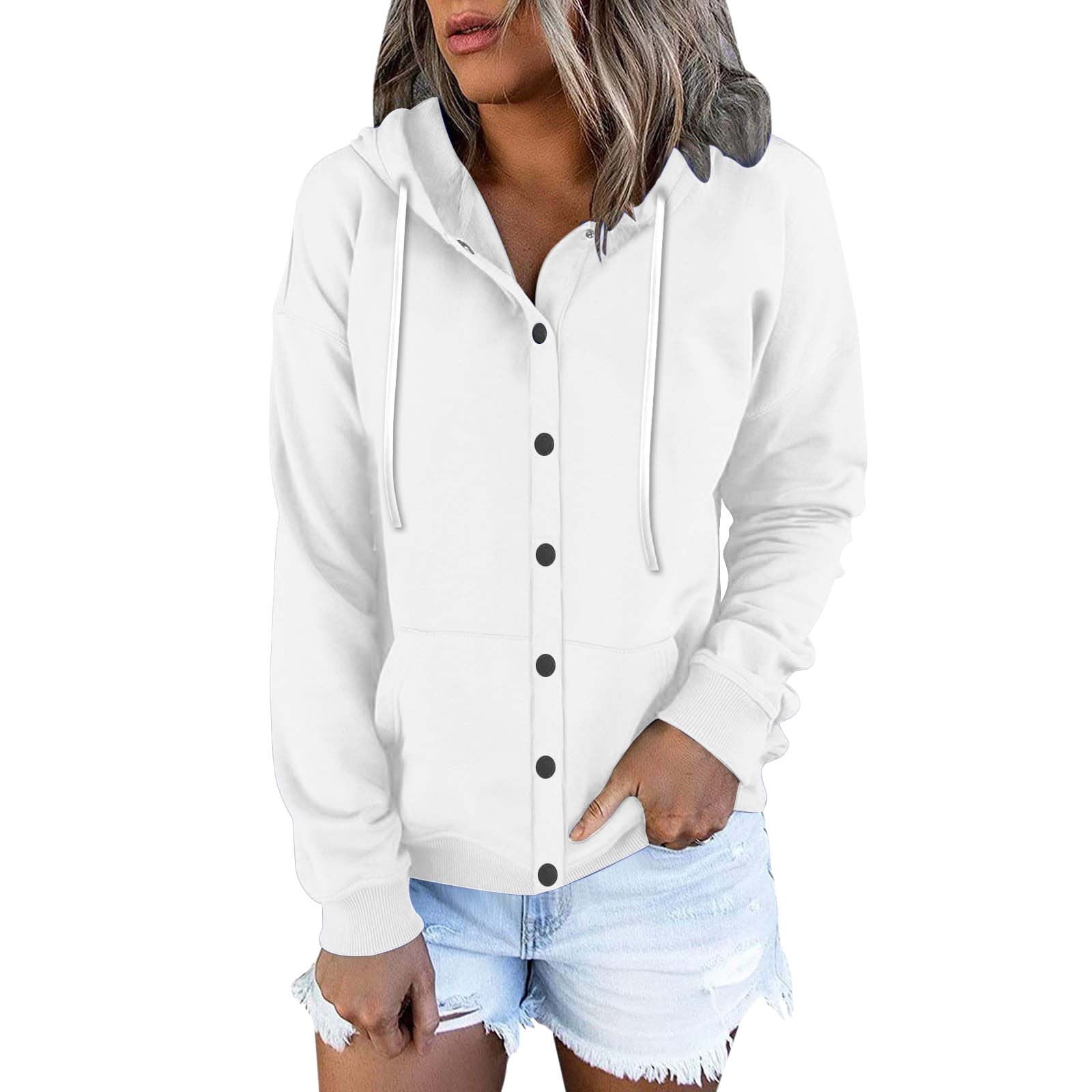 Plain Hoodie for Women Fall Outwear Button Up Cotton Sweatshirt Jacket Drawstring Pockets Loose Casual Top Coat XX Large White Walmart