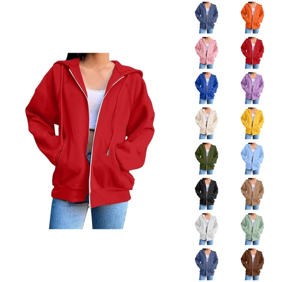 Plain Hoodie for Women with Pockets Long Sleeve Solid Color Full Zipper Sweatshirt Cardigan Coat