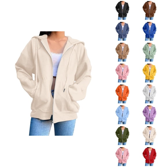 Plain Hoodie for Women with Pockets Long Sleeve Solid Color Zip Up Sweatshirt Cardigan Jacket