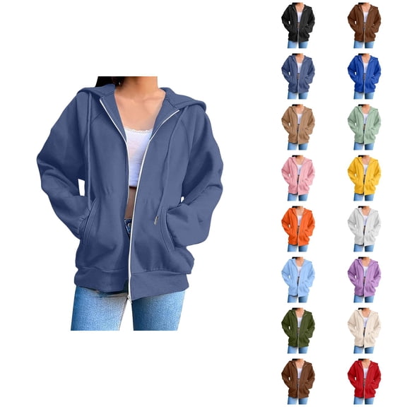 Plain Hoodie for Women with Pockets Long Sleeve Solid Color Zip Up Sweatshirt Cardigan Jacket