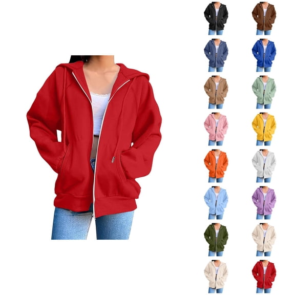 Plain Hoodie for Women with Pockets Long Sleeve Solid Color Zip Up Sweatshirt Cardigan Jacket