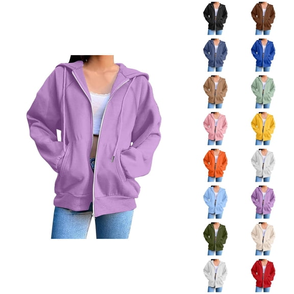 Plain Hoodie for Women with Pockets Long Sleeve Solid Color Zip Up Sweatshirt Cardigan Jacket