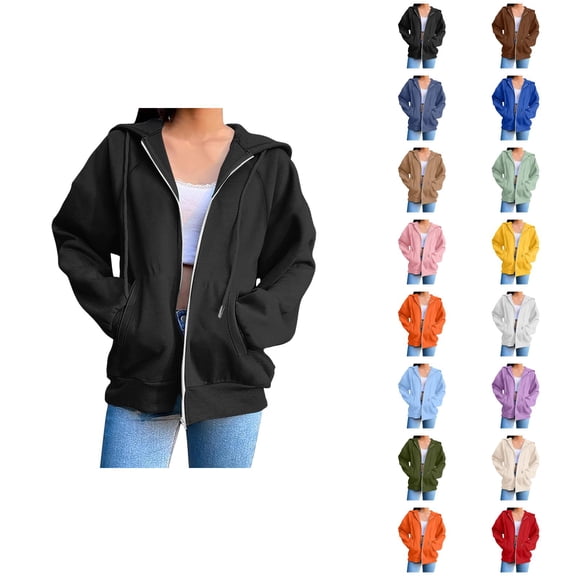 Plain Hoodie for Women with Pockets Long Sleeve Solid Color Zip Up Sweatshirt Cardigan Jacket