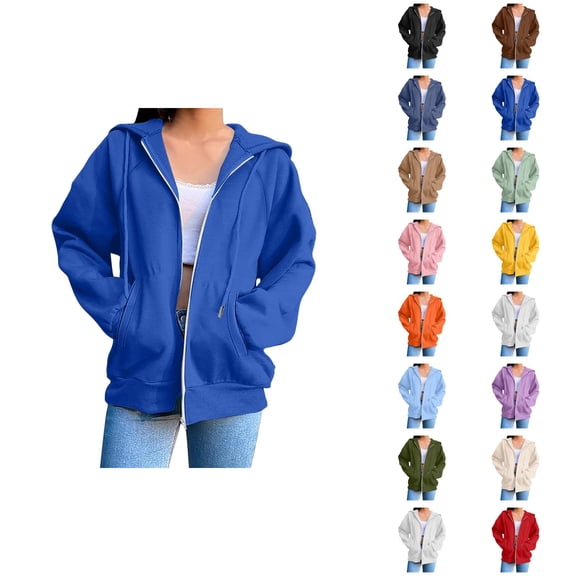 Plain Hoodie for Women with Pockets Long Sleeve Solid Color Zip Up Sweatshirt Cardigan Jacket