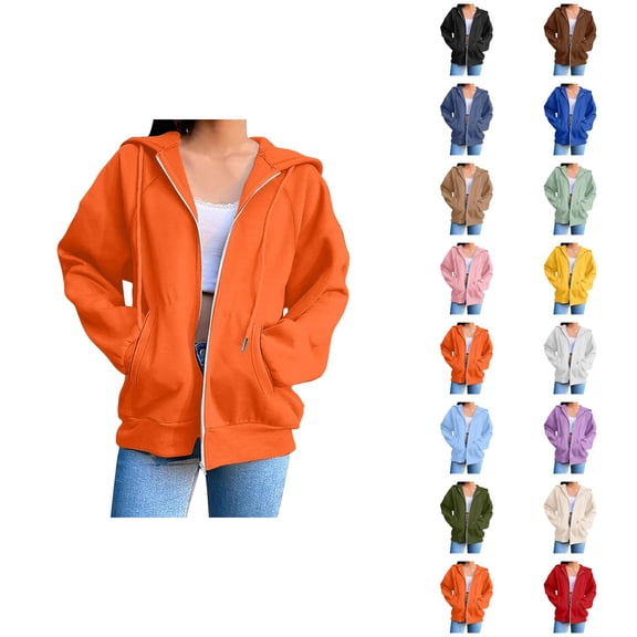 Plain Hoodie for Women with Pockets Long Sleeve Solid Color Zip Up Sweatshirt Cardigan Jacket