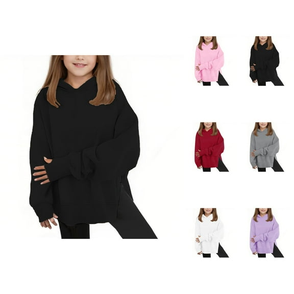 Plain Hoodies for Girls Boys Kids Long Sleeve Thumb Hole Side Slit Loose Hooded Sweatshirt Pullover Tops